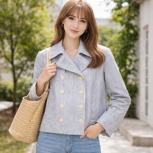 J. Crew Blue & White Linen Shellacked Cropped Trench Coat Style G1976 - Size 16